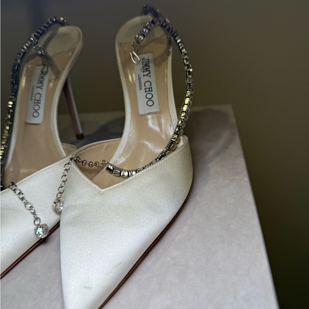 Jimmy Choo BRIDAL White Satin Crystal-Trim Slingback Pumps - Picture 5 of 16
